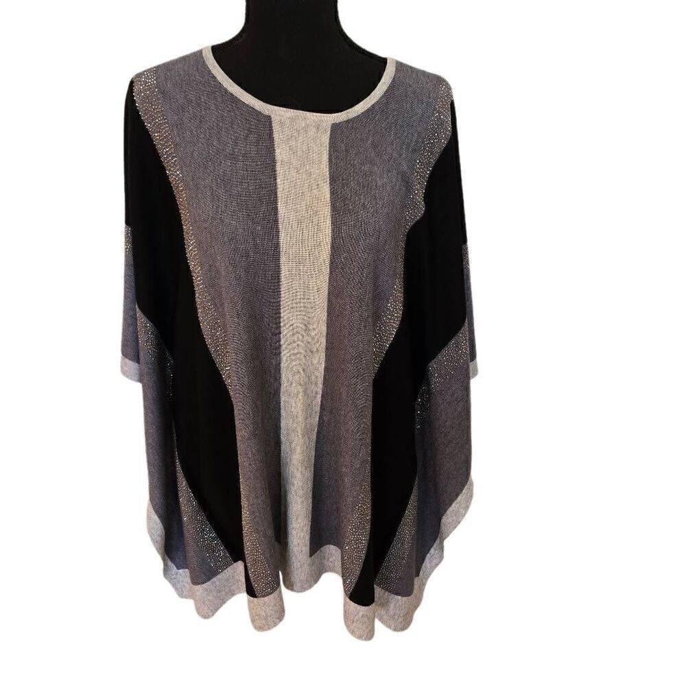 Alison Sheri Womens Poncho Style Gray Black Metallic Color Block Pullover Sweate